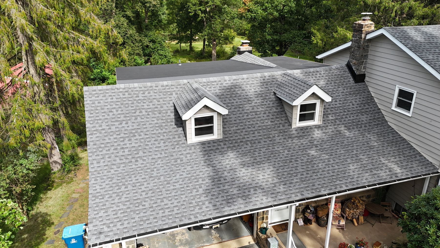 Drone view of a new gray architectural shingle roof with dormers, installed by RDS Remodeling in East Amwell, NJ